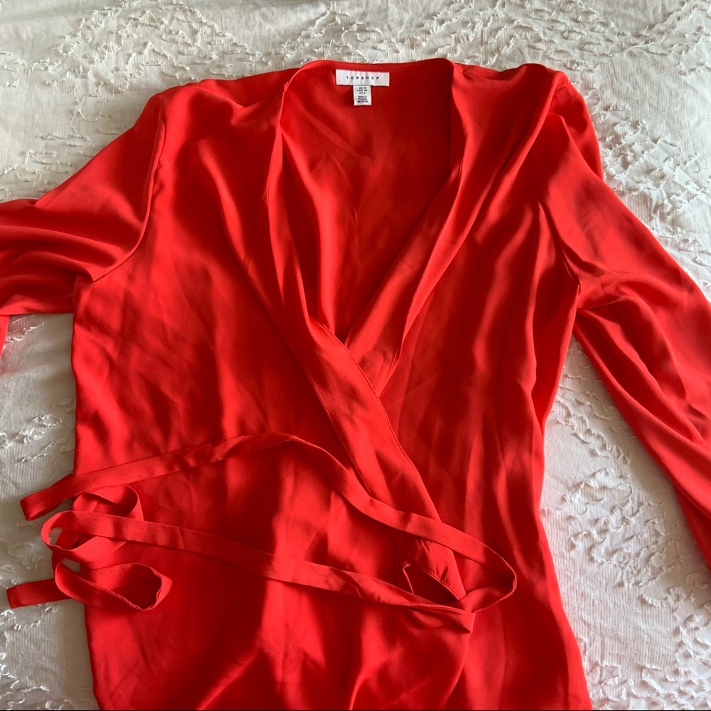 Topshop Plunge Wrap Blouse in Red